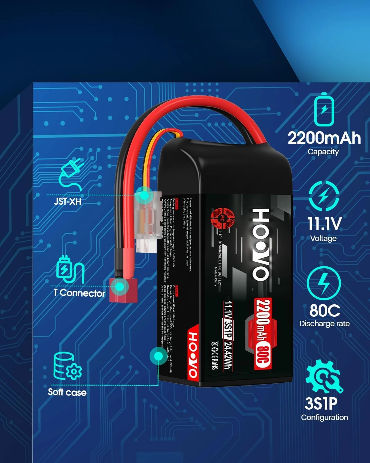 HOOVO 3S Lipo Battery, 80C 2200mAh 11.1V Shorty Lipo Battery Pack, Softcase with T Connector for Drone RC Quadcopter Helicopter Airplane FPV RC Car, 2 Pack