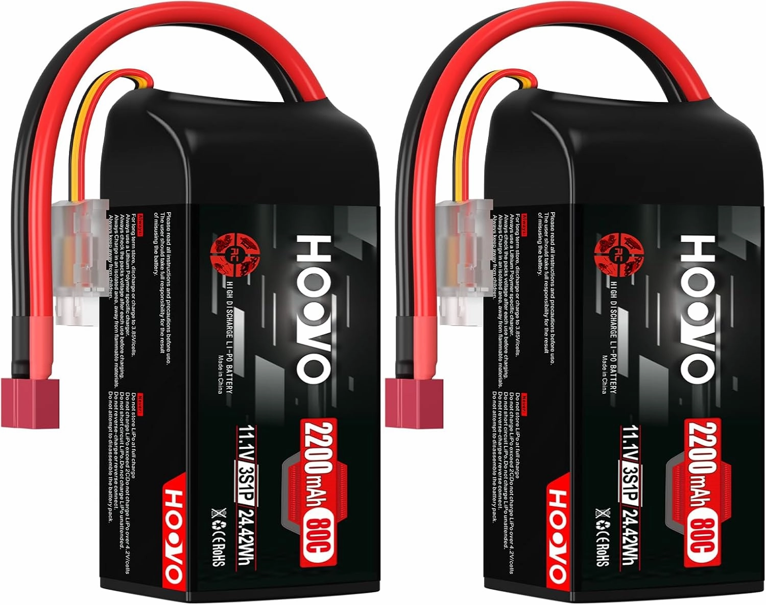 HOOVO 3S Lipo Battery, 80C 2200mAh 11.1V Shorty Lipo Battery Pack, Softcase with T Connector for Drone RC Quadcopter Helicopter Airplane FPV RC Car, 2 Pack