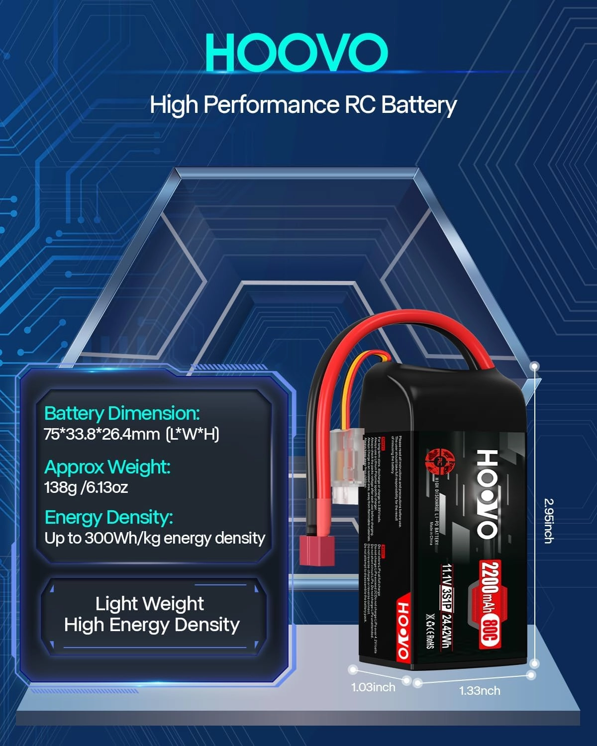 HOOVO 3S Lipo Battery, 80C 2200mAh 11.1V Shorty Lipo Battery Pack, Softcase with T Connector for Drone RC Quadcopter Helicopter Airplane FPV RC Car, 2 Pack