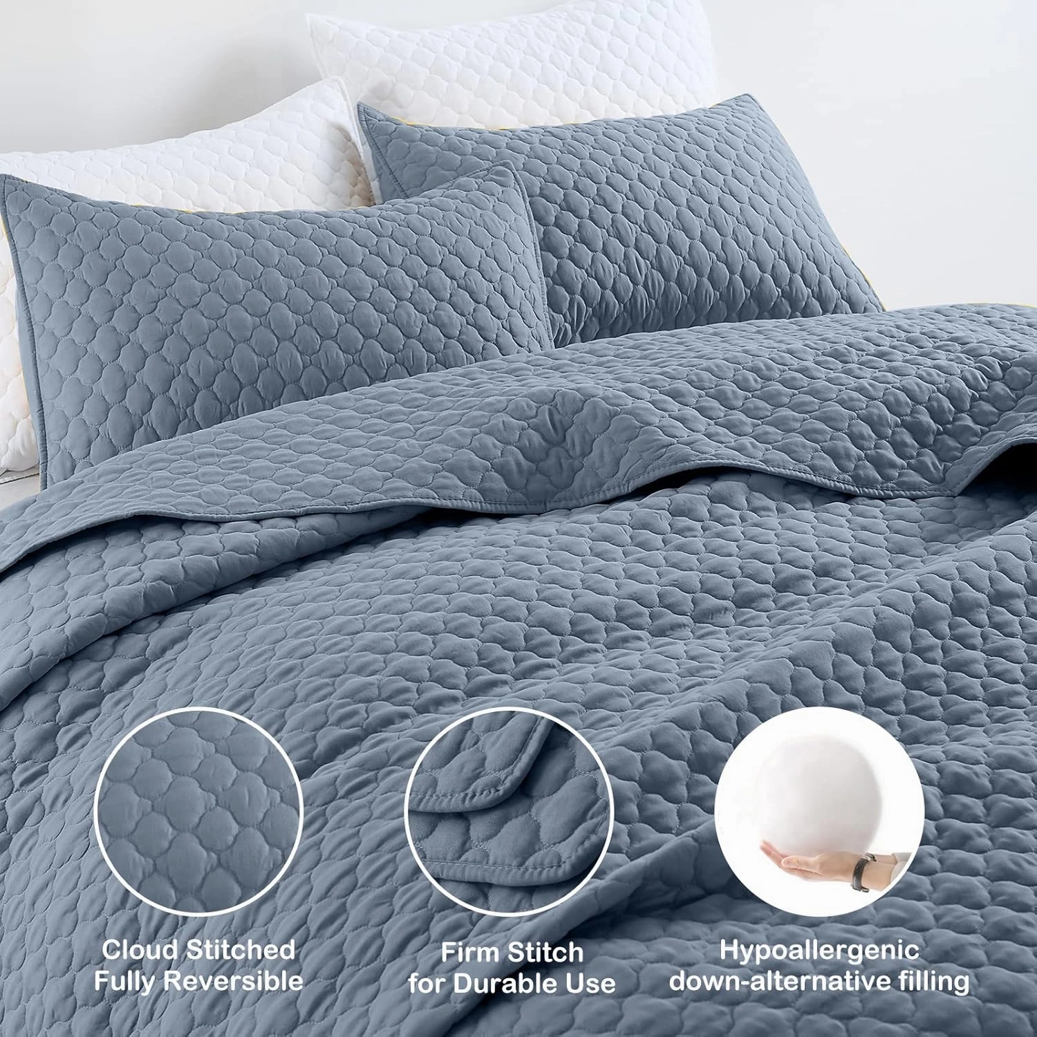 HORIMOTE HOME Quilt Queen Size Dusty Blue, Lightweight Quilt for Summer Ultra-Soft Microfiber Modern Style Quilted Clouds Pattern Bedspread Quit Set 3 Pieces(1 Quilt and 2 Pillow Shams)