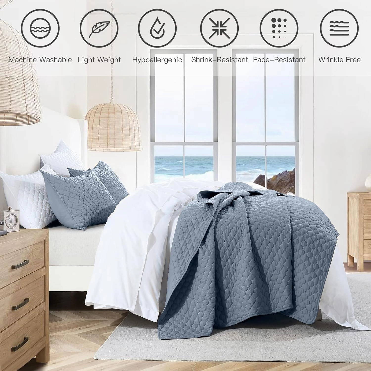 HORIMOTE HOME Quilt Queen Size Dusty Blue, Lightweight Quilt for Summer Ultra-Soft Microfiber Modern Style Quilted Clouds Pattern Bedspread Quit Set 3 Pieces(1 Quilt and 2 Pillow Shams)