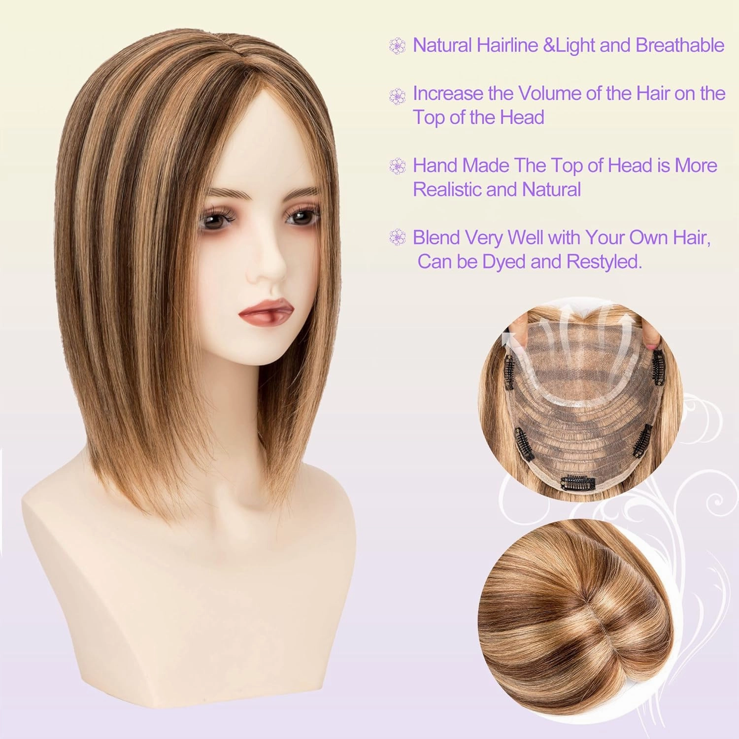 Human Hair Topper 18 * 20 cm Swiss Lace Base Hairpiece 10 Inch Clip in Human Hair Toppers Straight Human Hair Pieces for Women with Hair Loss Thinning Piano 4/27 Color (10 Inch, P4/27#)