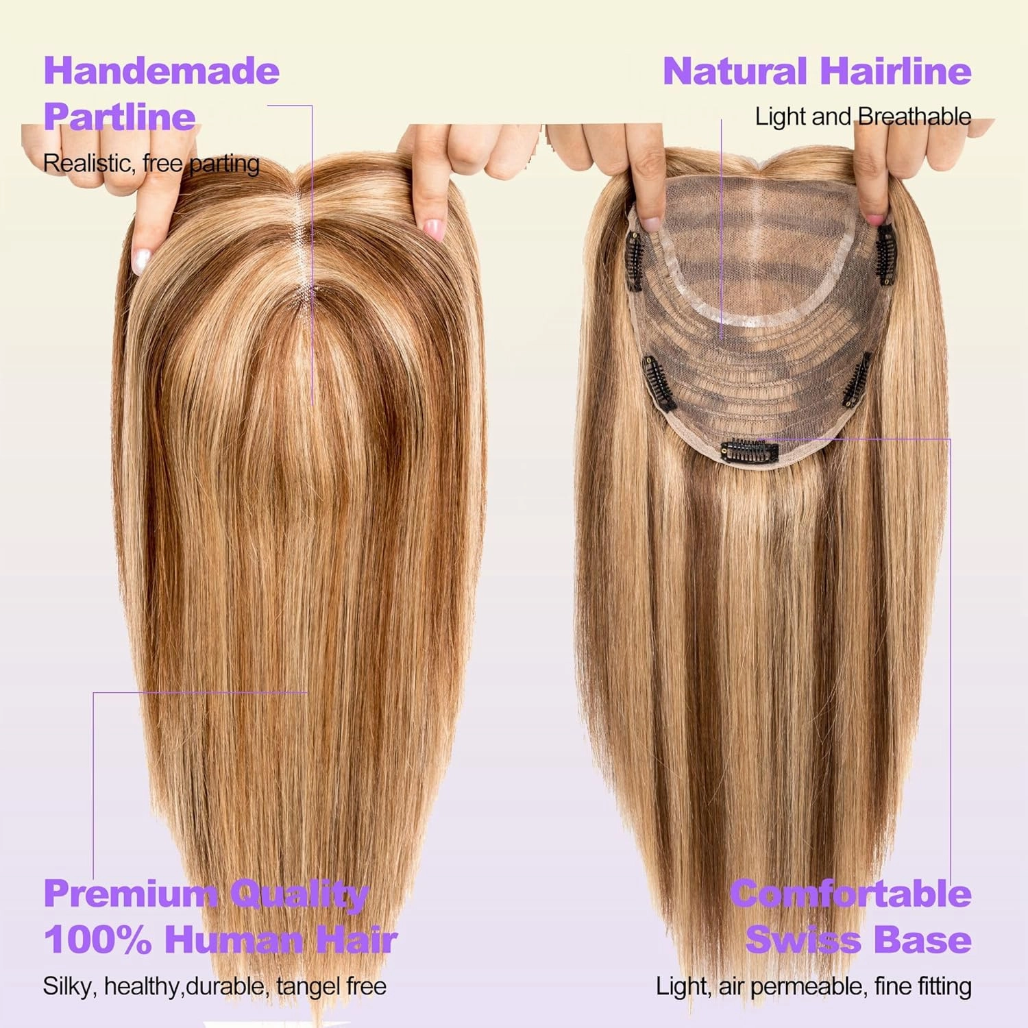 Human Hair Topper 18 * 20 cm Swiss Lace Base Hairpiece 10 Inch Clip in Human Hair Toppers Straight Human Hair Pieces for Women with Hair Loss Thinning Piano 4/27 Color (10 Inch, P4/27#)