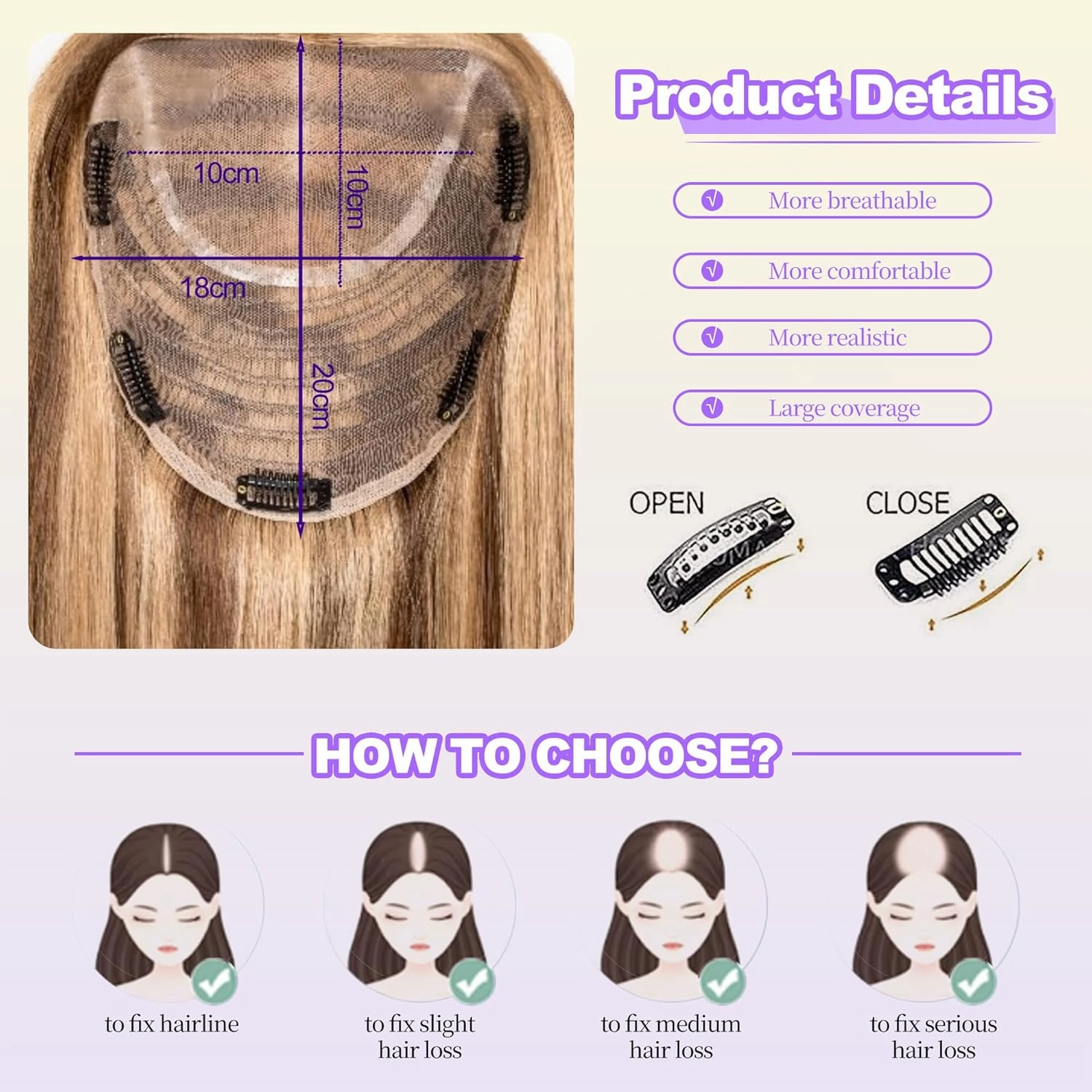 Human Hair Topper 18 * 20 cm Swiss Lace Base Hairpiece 10 Inch Clip in Human Hair Toppers Straight Human Hair Pieces for Women with Hair Loss Thinning Piano 4/27 Color (10 Inch, P4/27#)