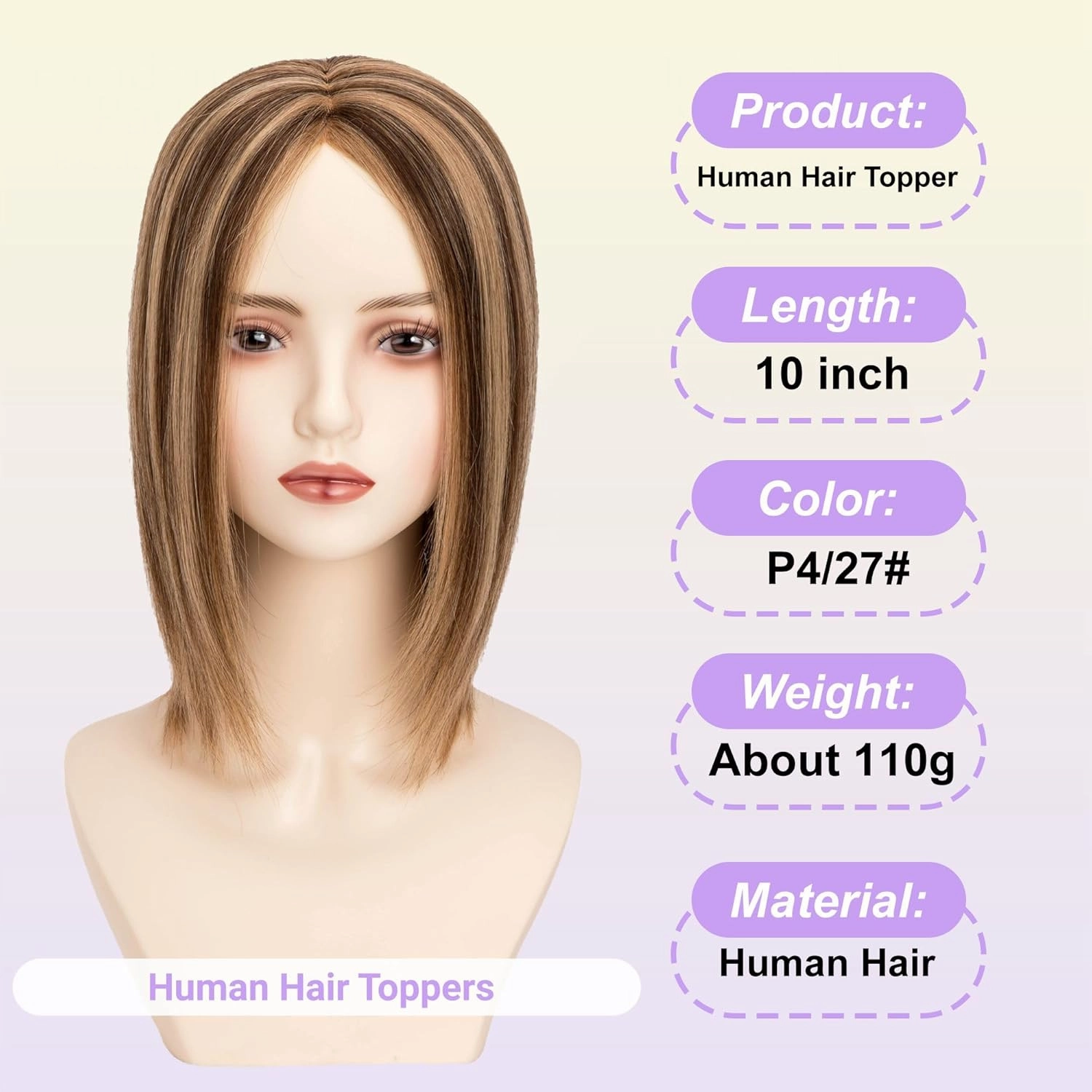 Human Hair Topper 18 * 20 cm Swiss Lace Base Hairpiece 10 Inch Clip in Human Hair Toppers Straight Human Hair Pieces for Women with Hair Loss Thinning Piano 4/27 Color (10 Inch, P4/27#)