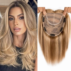 Human Hair Topper 18 * 20 cm Swiss Lace Base Hairpiece 10 Inch Clip in Human Hair Toppers Straight Human Hair Pieces for Women with Hair Loss Thinning Piano 4/27 Color (10 Inch, P4/27#)