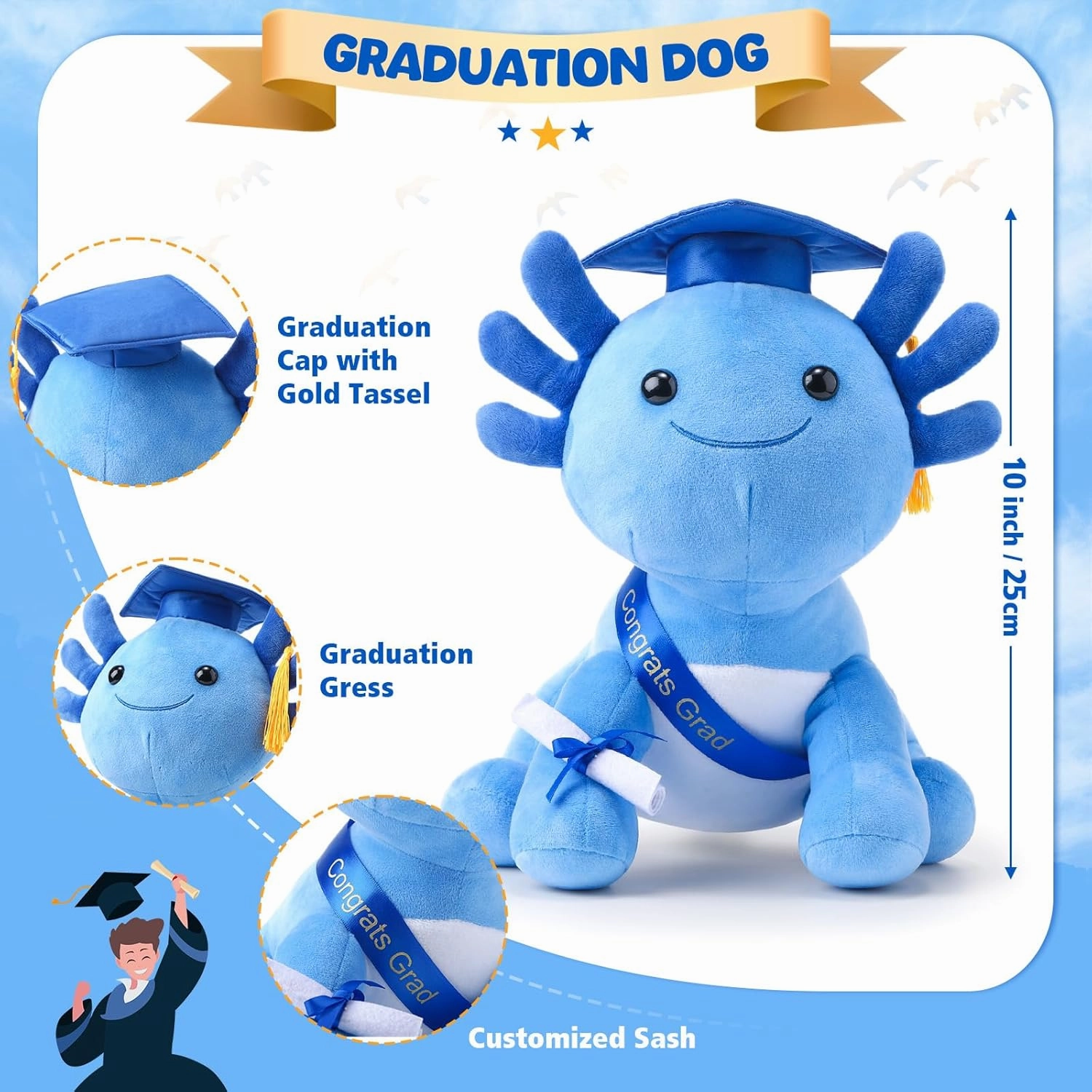 HyDren 10 Inch Graduation Axolotl Plush Stuffed Animal Axolotl Stuffed Animals with Graduation Hat Diploma and Sash, Plush Gift for Preschool, Kindergarten, Friend, Relatives (Blue)