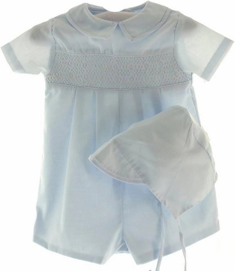 Infant Boys Blue Smocked Baptism Romper Outfit & Hat Set