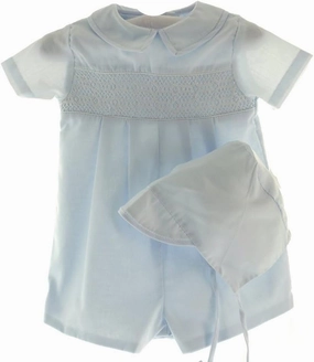 Infant Boys Blue Smocked Baptism Romper Outfit & Hat Set