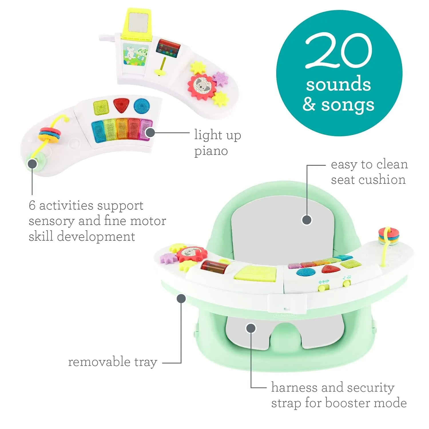 Infantino Music & Lights 3-in-1 Discovery Seat & Booster, Toddler Booster Seat for Dining Table or Kitchen Chair, Baby Activity Center & Snack Tray, Mint