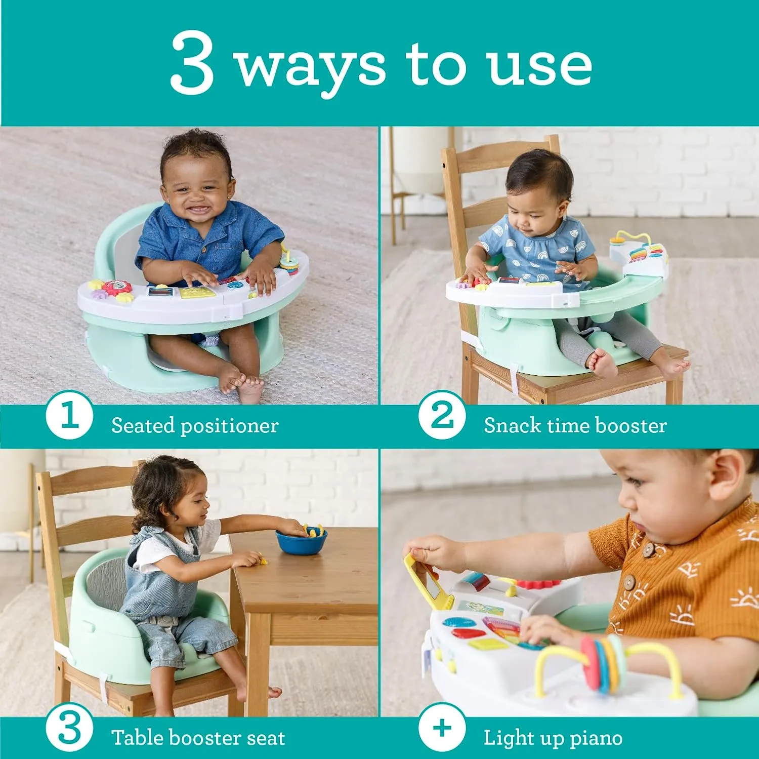 Infantino Music & Lights 3-in-1 Discovery Seat & Booster, Toddler Booster Seat for Dining Table or Kitchen Chair, Baby Activity Center & Snack Tray, Mint