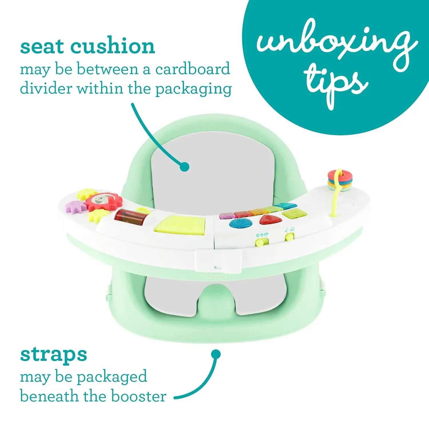 Infantino Music & Lights 3-in-1 Discovery Seat & Booster, Toddler Booster Seat for Dining Table or Kitchen Chair, Baby Activity Center & Snack Tray, Mint