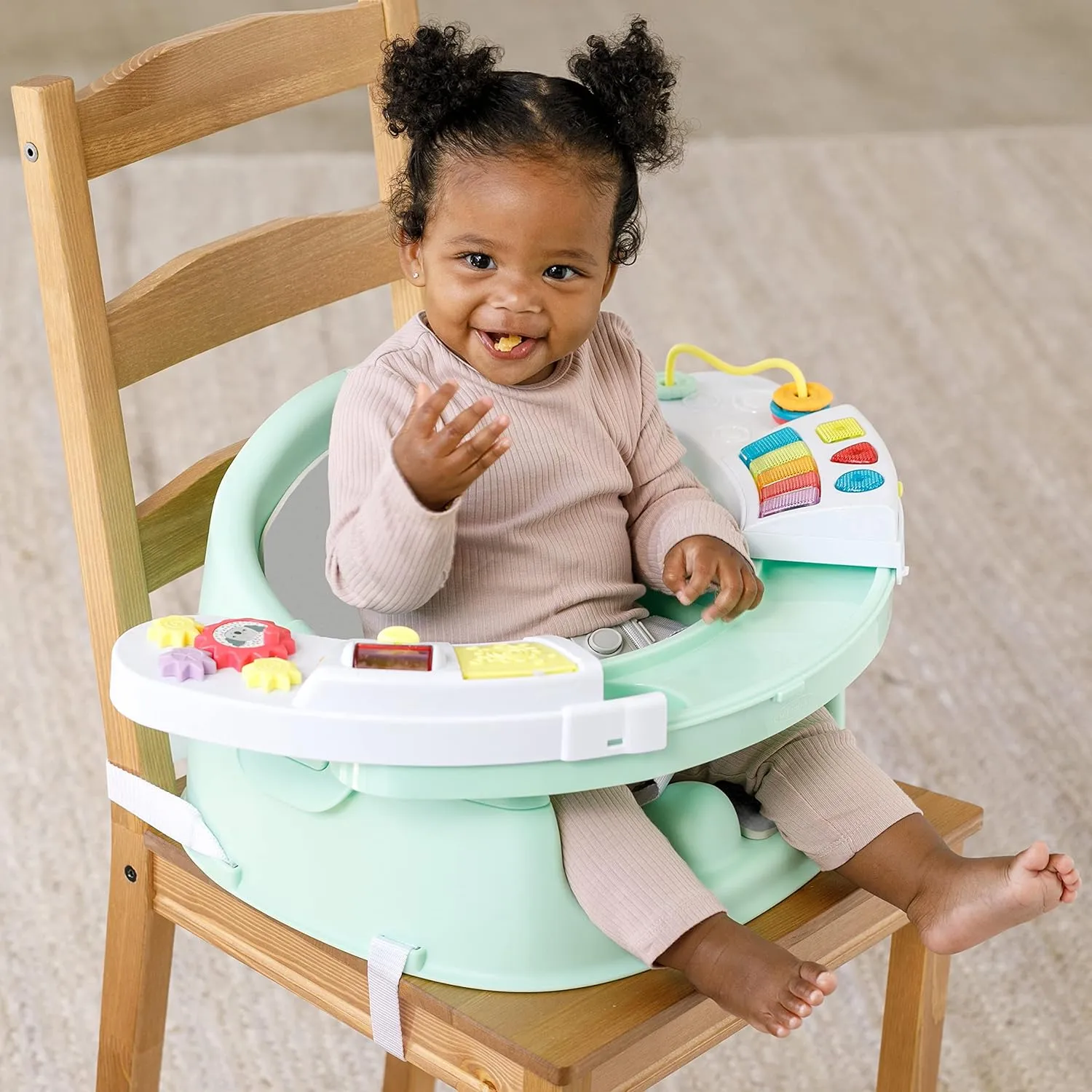 Infantino Music & Lights 3-in-1 Discovery Seat & Booster, Toddler Booster Seat for Dining Table or Kitchen Chair, Baby Activity Center & Snack Tray, Mint
