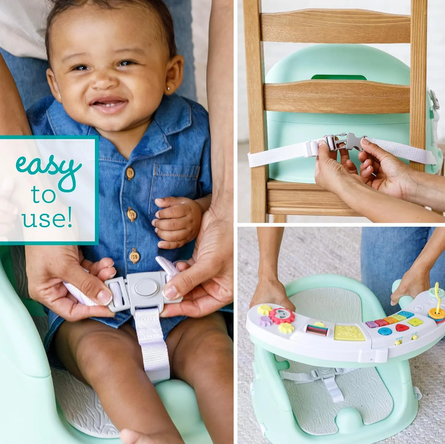 Infantino Music & Lights 3-in-1 Discovery Seat & Booster, Toddler Booster Seat for Dining Table or Kitchen Chair, Baby Activity Center & Snack Tray, Mint