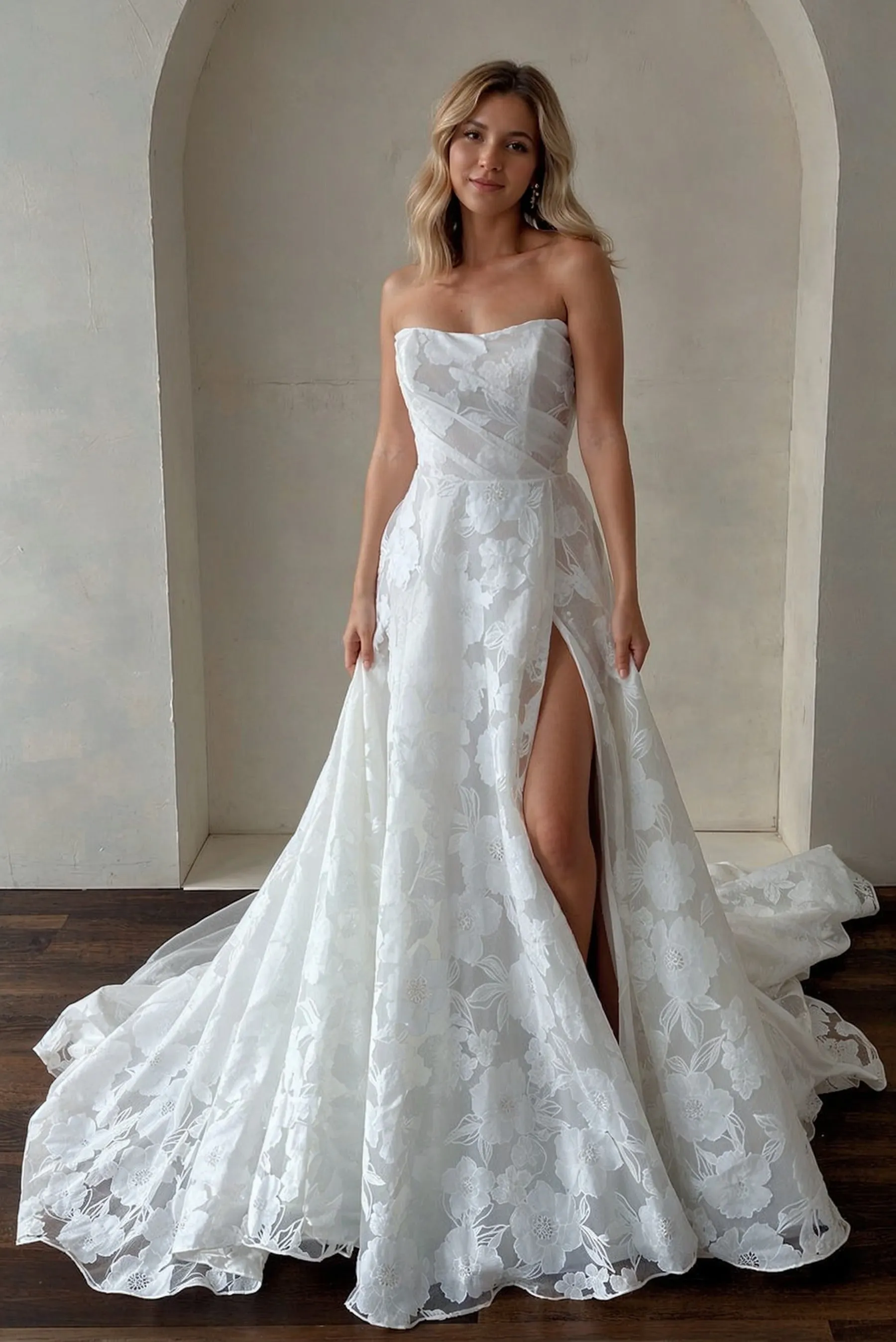 Ivory Wedding Dress Strapless Lace A Line Bridal Dress with Sweep Train