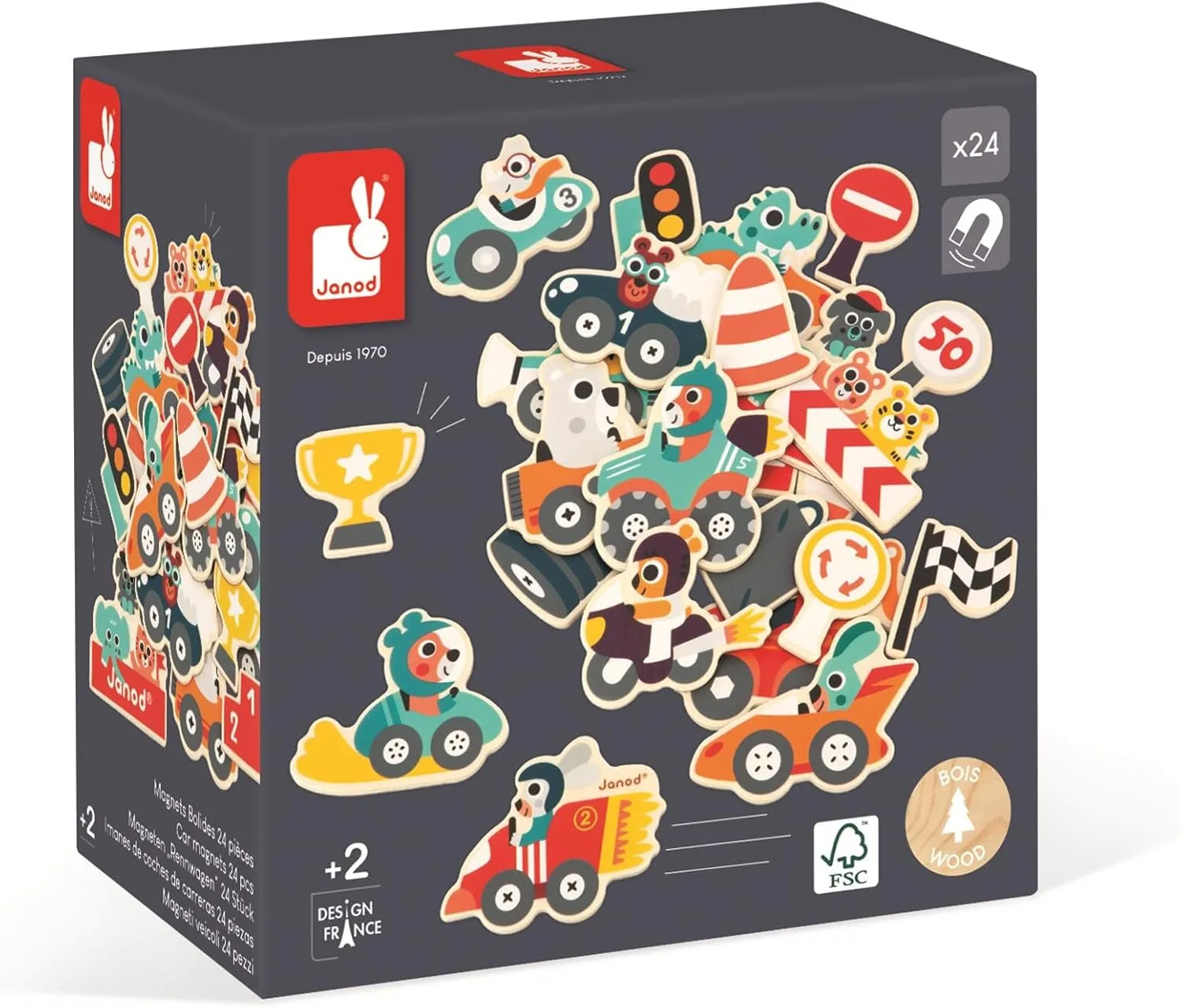 Janod - 24 Bolid Wooden Magnet - Magnetic Educational Game - Magnetic Whiteboard Accessories - from 24 Months, J09641