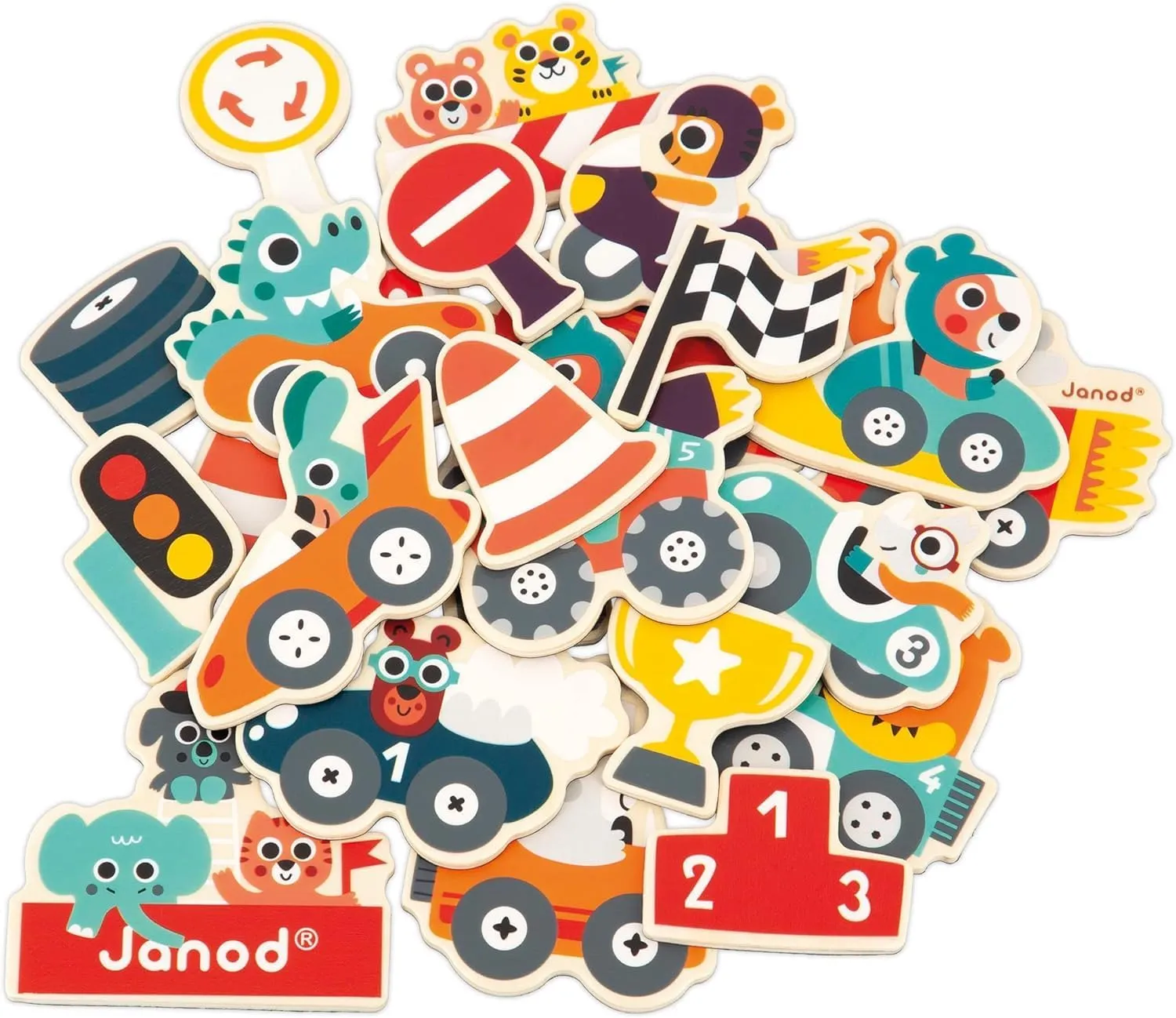 Janod - 24 Bolid Wooden Magnet - Magnetic Educational Game - Magnetic Whiteboard Accessories - from 24 Months, J09641