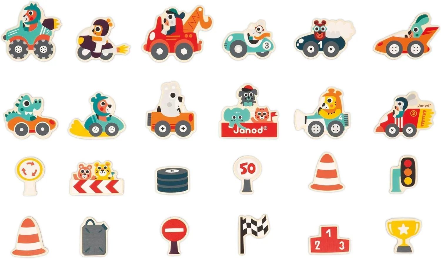 Janod - 24 Bolid Wooden Magnet - Magnetic Educational Game - Magnetic Whiteboard Accessories - from 24 Months, J09641
