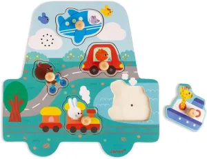 Janod Musical Peg Puzzle - Little Racers Vehicles 5 Pieces - Ages 18 Months  - J07093