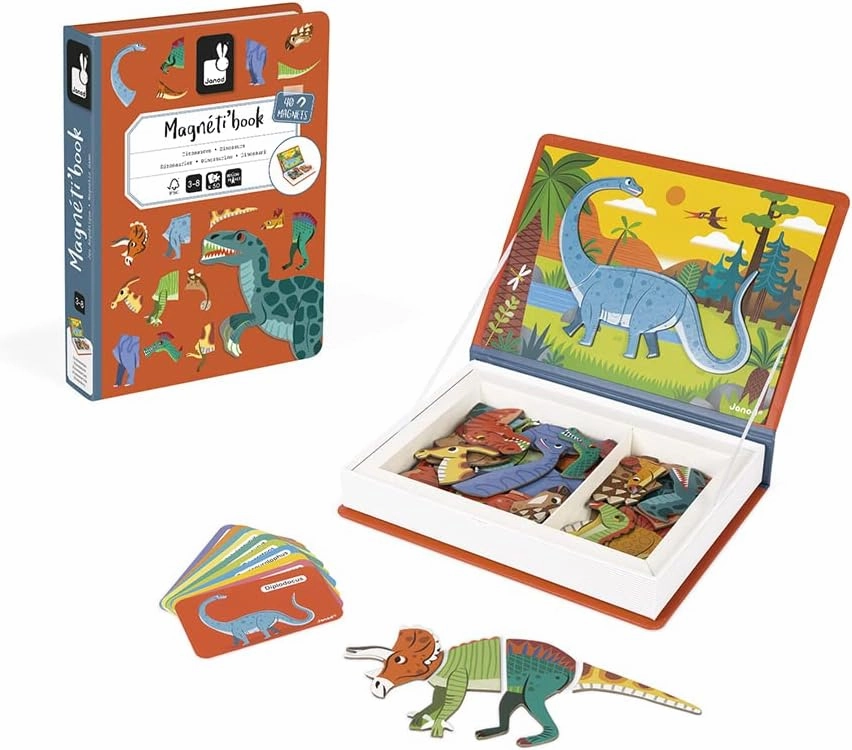 Janod - Magneti'Book Dinosaurs - 50-Part Educational Magnetic Game Teaches fine Motor Skills and Imagination - FSC Certified - Suitable for Ages 3 and up - J02590, Yellow(Gelb)