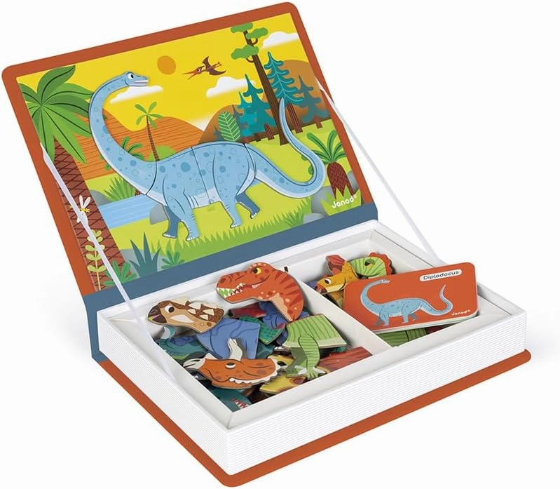 Janod - Magneti'Book Dinosaurs - 50-Part Educational Magnetic Game Teaches fine Motor Skills and Imagination - FSC Certified - Suitable for Ages 3 and up - J02590, Yellow(Gelb)