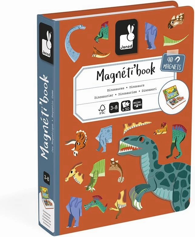 Janod - Magneti'Book Dinosaurs - 50-Part Educational Magnetic Game Teaches fine Motor Skills and Imagination - FSC Certified - Suitable for Ages 3 and up - J02590, Yellow(Gelb)
