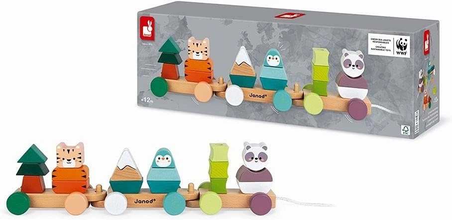 Janod World Wildlife Federation - Pull Along 21 Piece Animal Stacking Train - Ages 2  - J08603