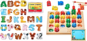 JoyCat Wooden Magnetic Fishing Game for Toddlers, Alphabet Educational Color Sorting Games Puzzle, Wooden Thick Alphabet Magnets Animal Colorful ABC Magnetic Letters 26 Uppercase Letters Set, Preschoo