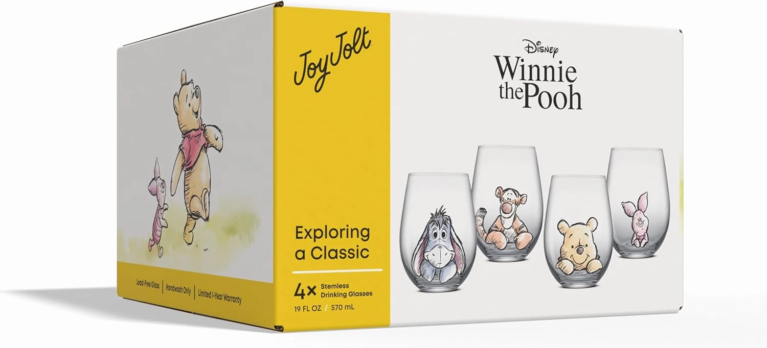 JoyJolt Disney Winnie the Pooh Exploring a Classic Stemless Drinking Glasses, 19oz Glass Cups ft Pooh Bear Tigger Piglet Eeyore, Kitchen Glassware Set of 4, Winnie the Pooh Adult Gifts