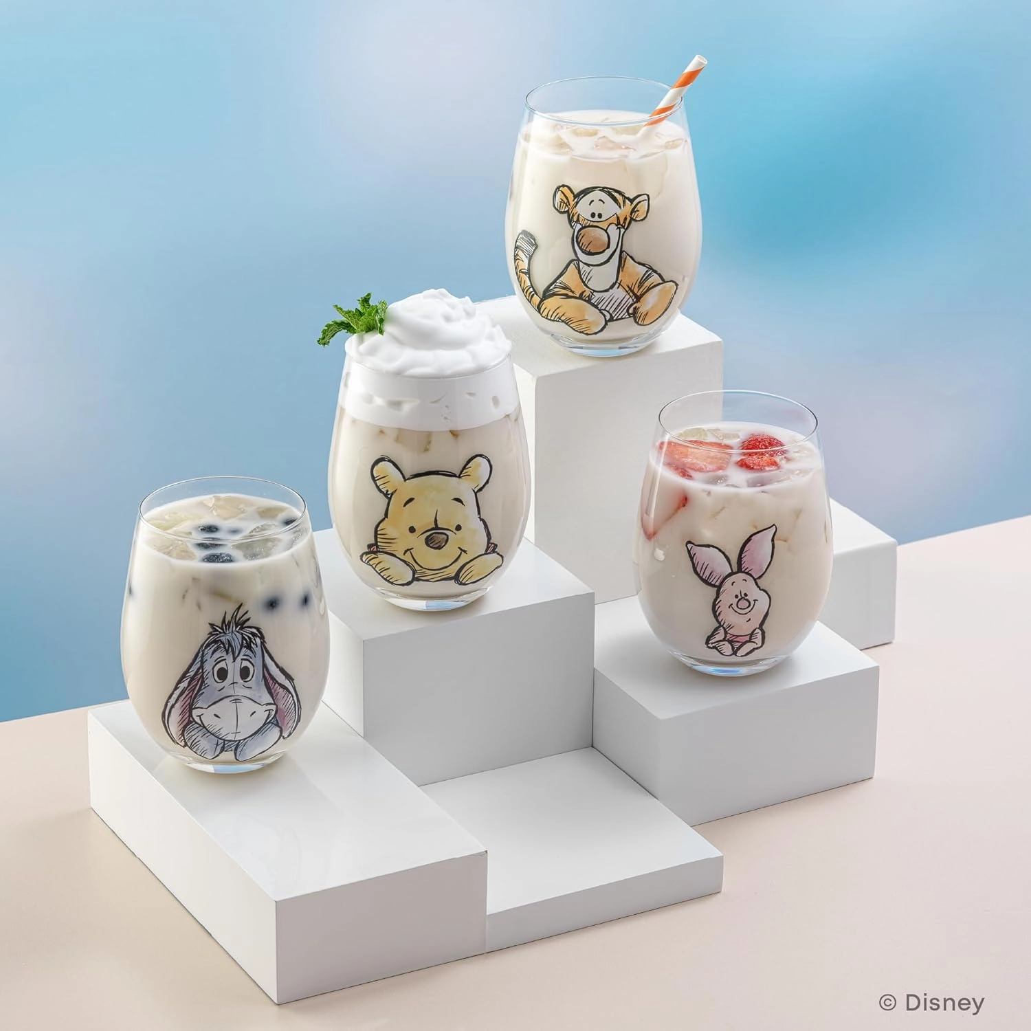 JoyJolt Disney Winnie the Pooh Exploring a Classic Stemless Drinking Glasses, 19oz Glass Cups ft Pooh Bear Tigger Piglet Eeyore, Kitchen Glassware Set of 4, Winnie the Pooh Adult Gifts