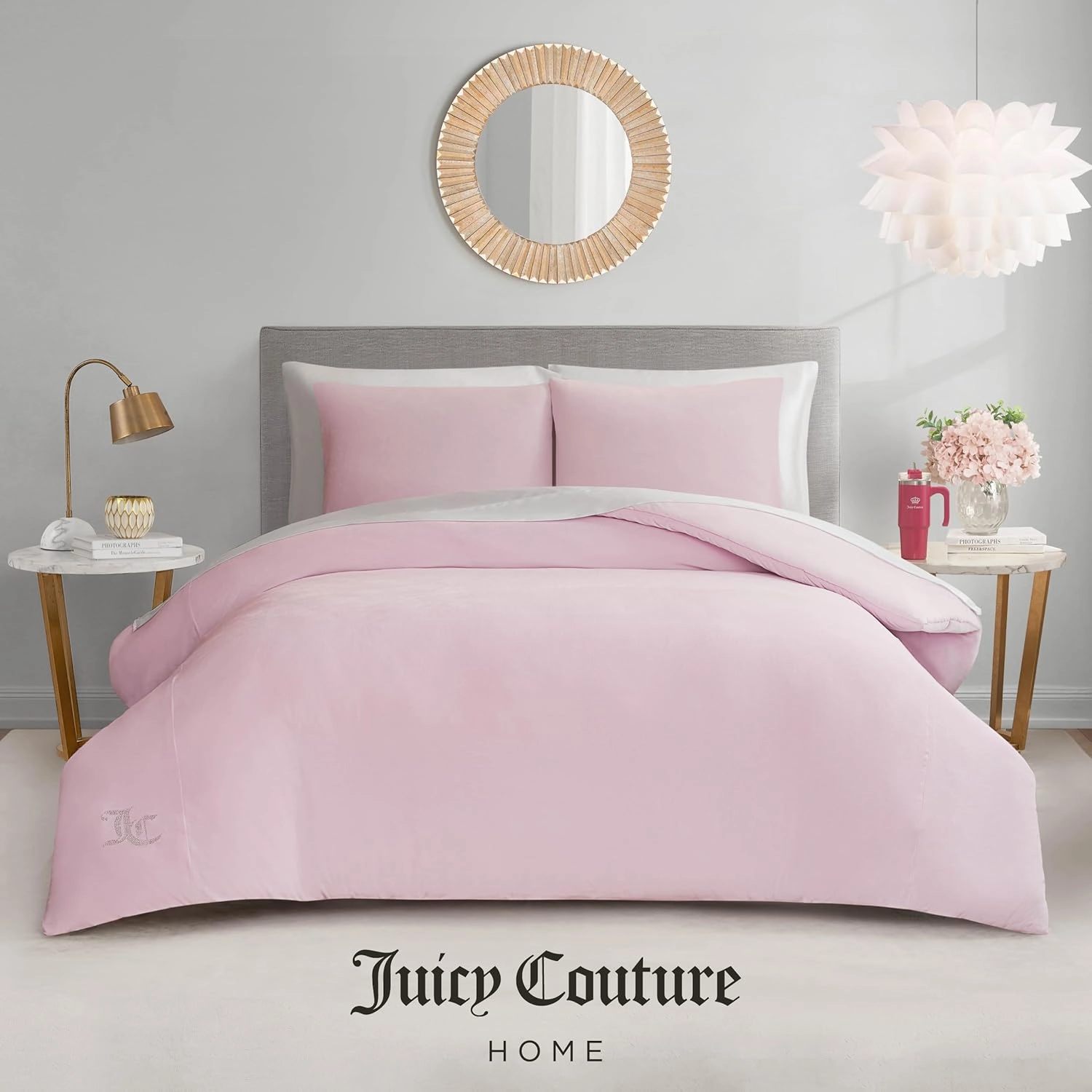 Juicy Couture Marshmallow Pink Velour Full/Queen Comforter Set - 3 Piece Luxury Bedding Ensemble