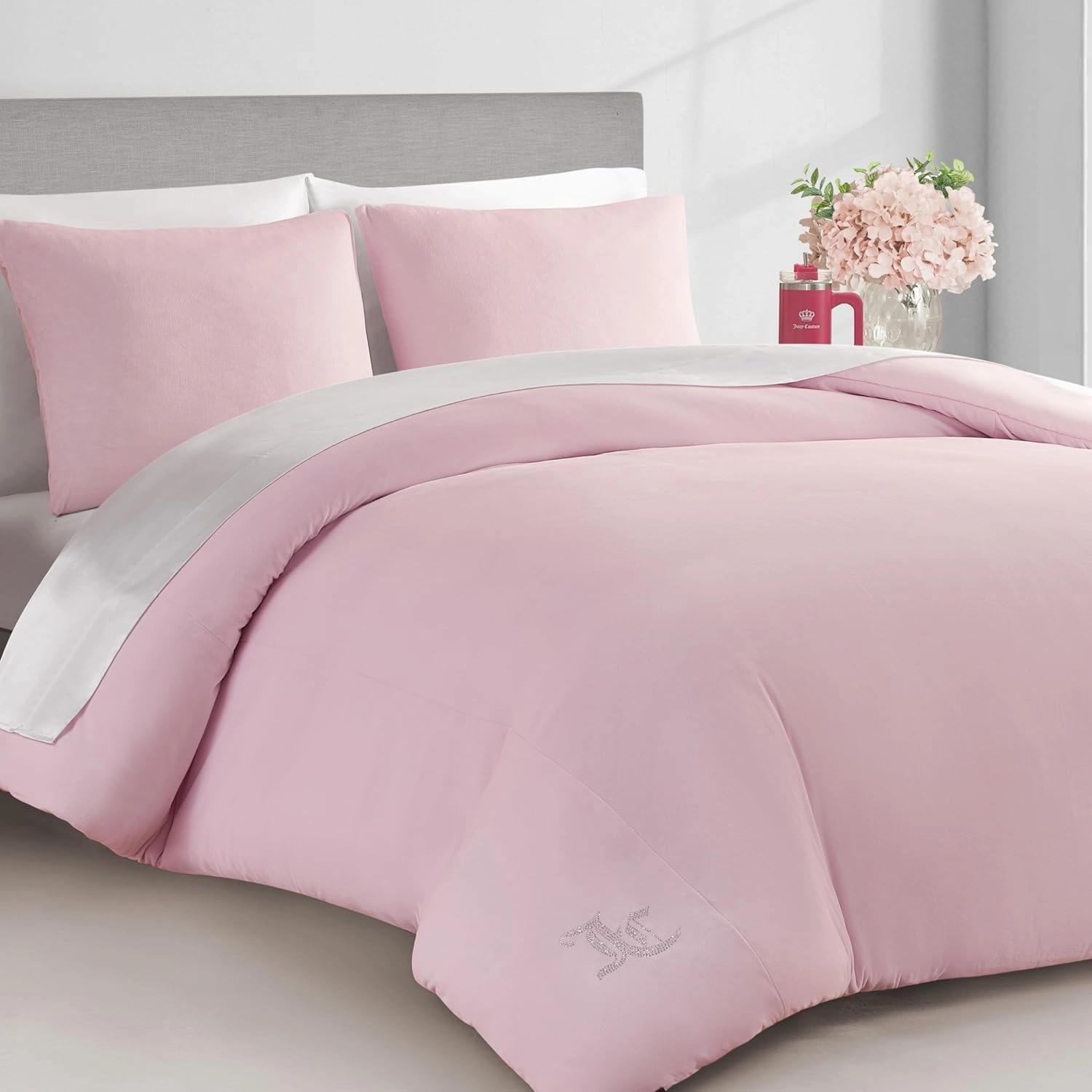 Juicy Couture Marshmallow Pink Velour Full/Queen Comforter Set - 3 Piece Luxury Bedding Ensemble