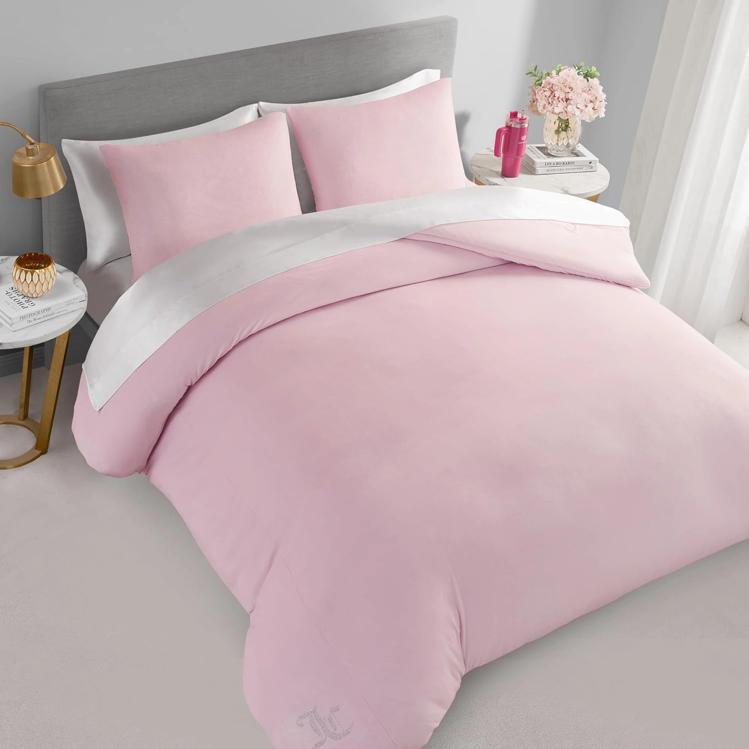 Juicy Couture Marshmallow Pink Velour Full/Queen Comforter Set - 3 Piece Luxury Bedding Ensemble