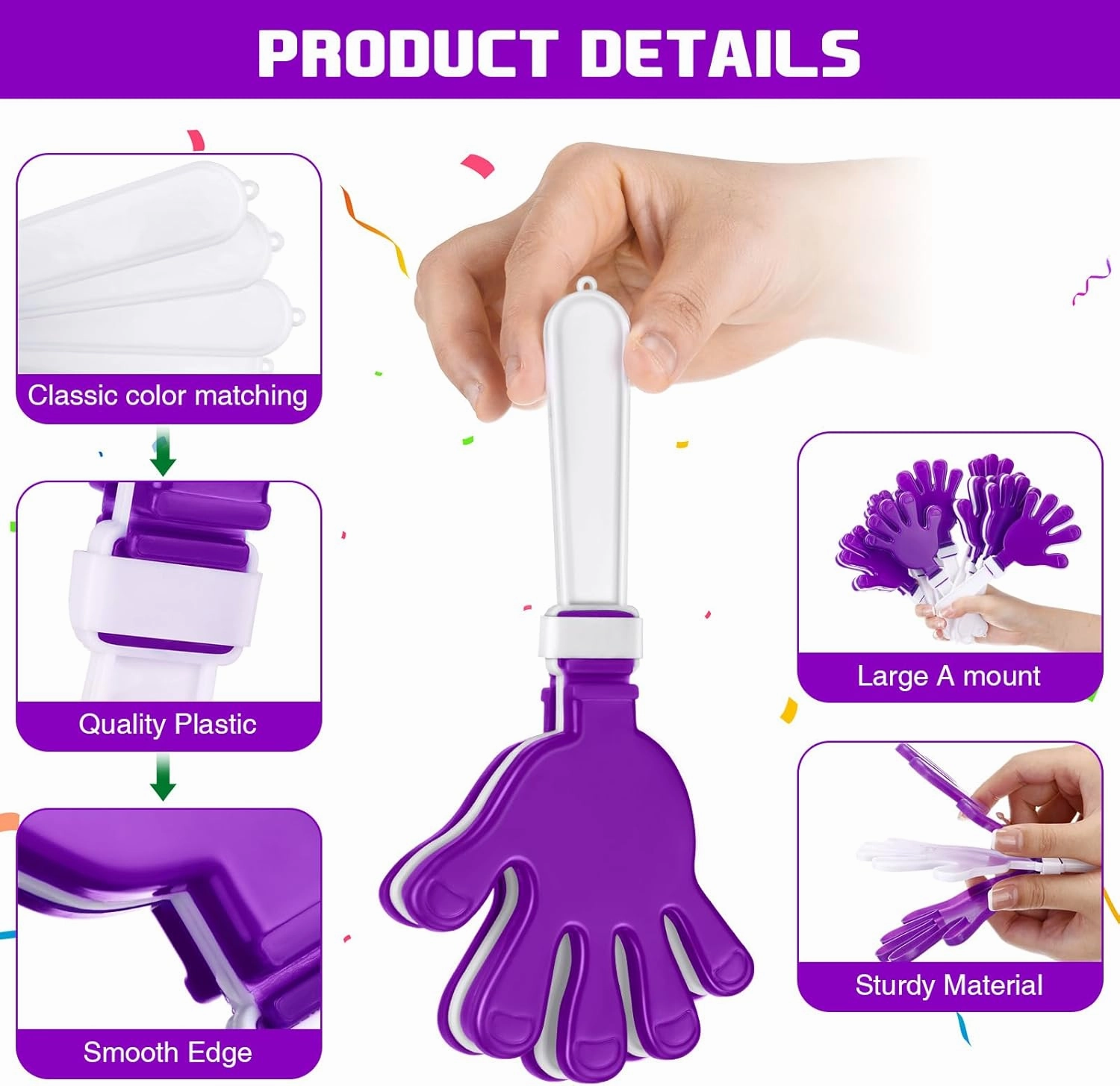 Junkin 48 Pcs Hand Clappers Bulk 7. 5 x 3. 5 Inches Noise Makers Party Favors Clapping Noise Maker Clacker for Birthdays Game Prizes Rewards Football Sporting Events Cheers Supplies