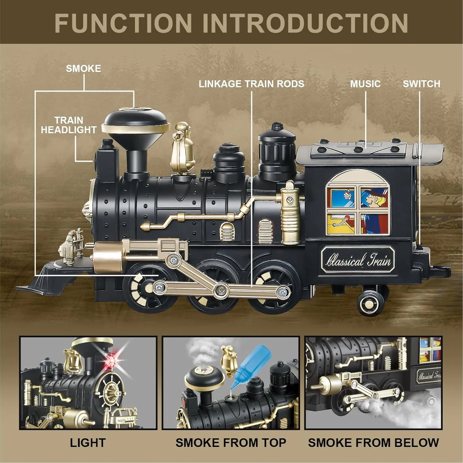 JuQu Train Set - Electric Train Set w/Remote Control, Smoke, Extra Large Christmas Train Toy w/Music, Light, 4 Speeds, Christmas Train Sets for Around The Tree,Toys Gifts for Kids Boys 3 4 5 6 7 8 