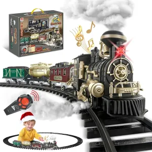 JuQu Train Set - Electric Train Set w/Remote Control, Smoke, Extra Large Christmas Train Toy w/Music, Light, 4 Speeds, Christmas Train Sets for Around The Tree,Toys Gifts for Kids Boys 3 4 5 6 7 8 