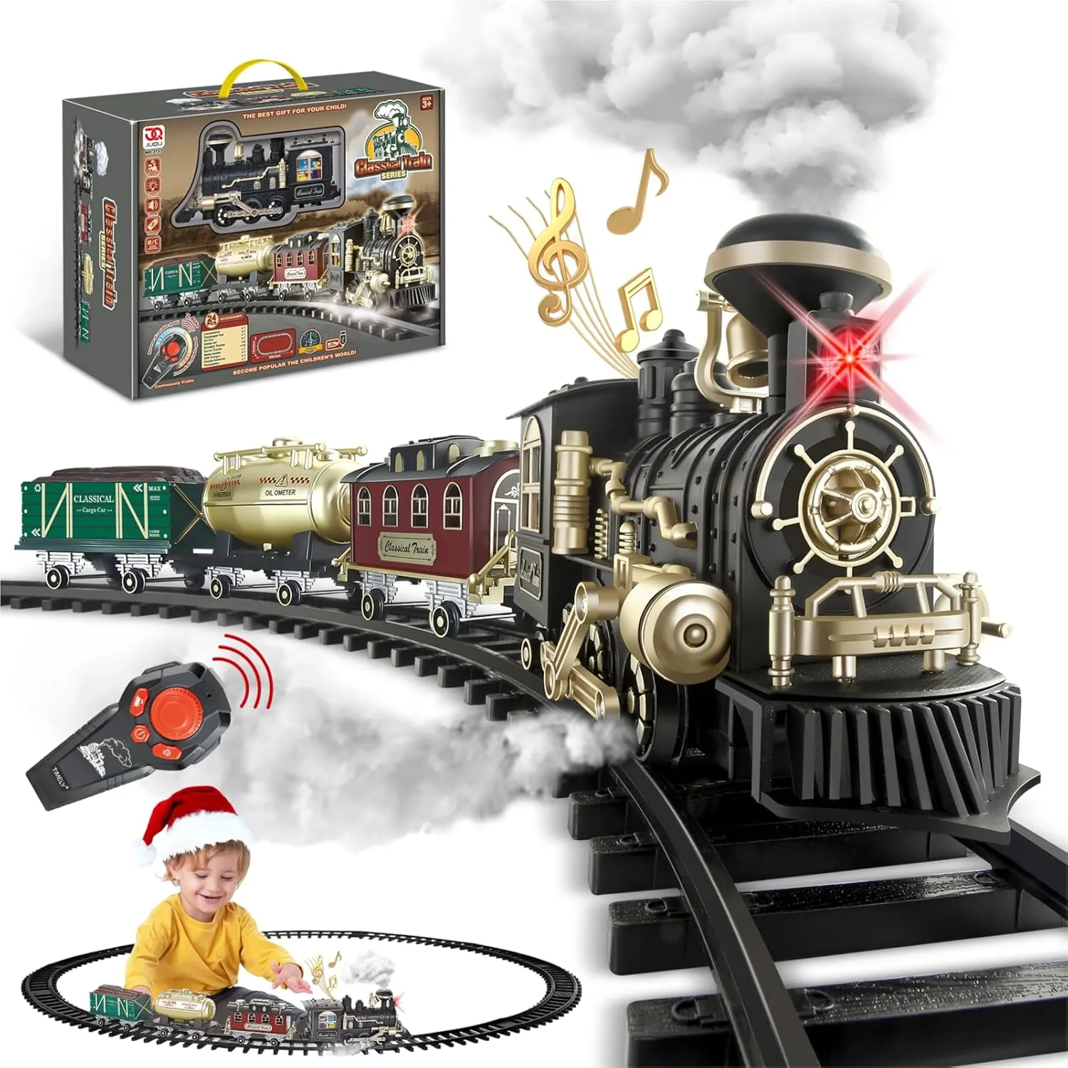JuQu Train Set - Electric Train Set w/Remote Control, Smoke, Extra Large Christmas Train Toy w/Music, Light, 4 Speeds, Christmas Train Sets for Around The Tree,Toys Gifts for Kids Boys 3 4 5 6 7 8 