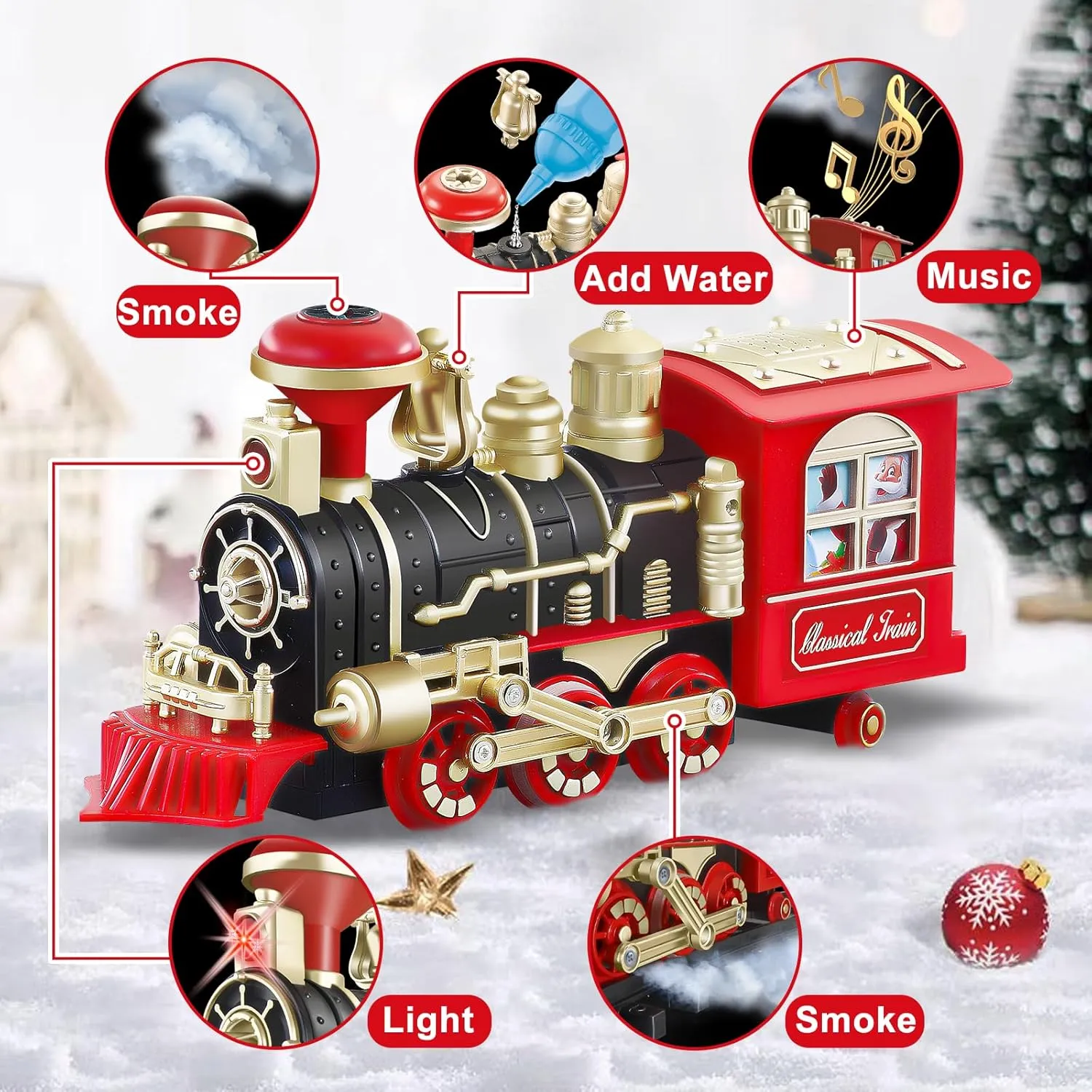 JUQU Train Set, Extra Large Christmas Train Set with Remote Control, Luxury Toy Train w/Lights, Sounds, 4 Speeds & 2 Smoke Outlets, Rechargeable Battery-Powered Train Toys Gifts for Kids 3 4 5 6 7 8 