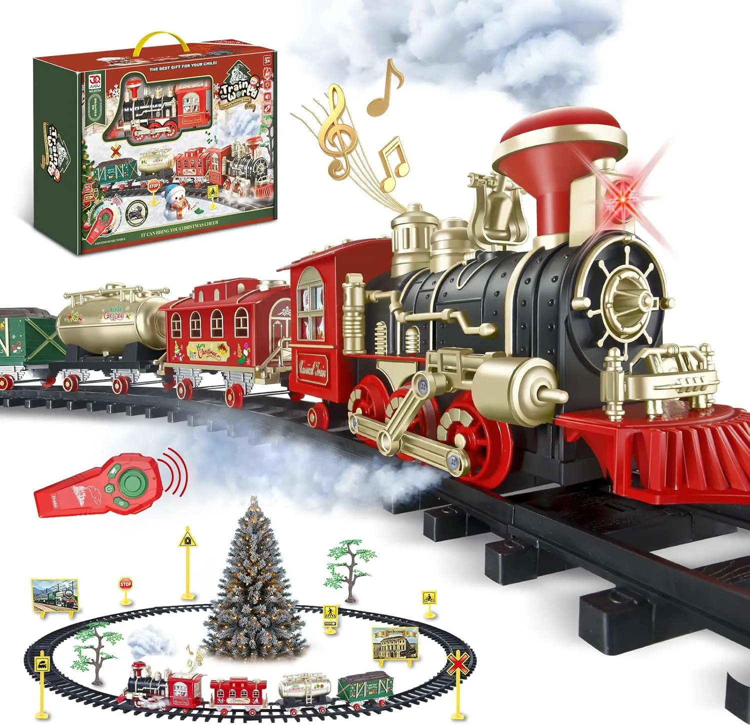 JUQU Train Set, Extra Large Christmas Train Set with Remote Control, Luxury Toy Train w/Lights, Sounds, 4 Speeds & 2 Smoke Outlets, Rechargeable Battery-Powered Train Toys Gifts for Kids 3 4 5 6 7 8 