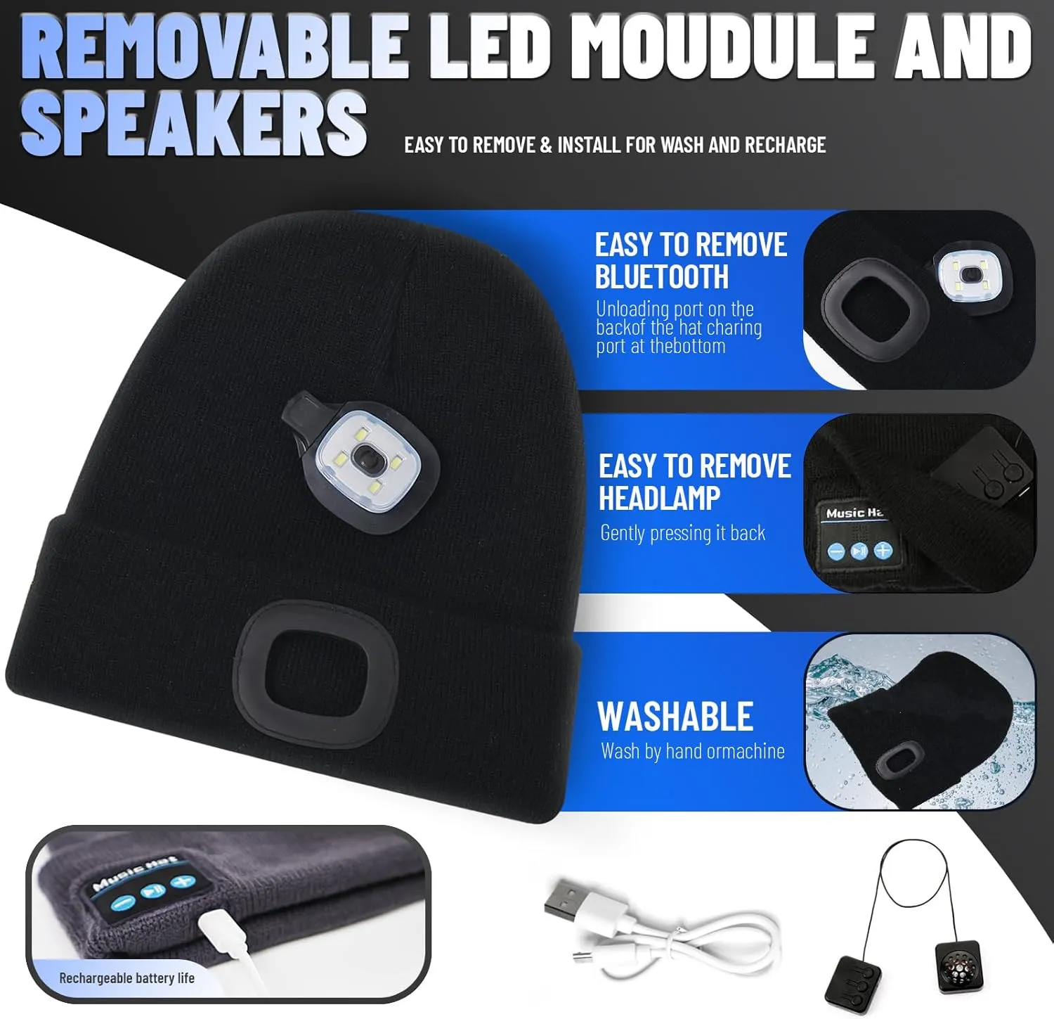 Keains Bluetooth Beanie with Light, Musical Knit Hat with Headphones and Built-in Speaker Mic, Gifts for Men Women Dad