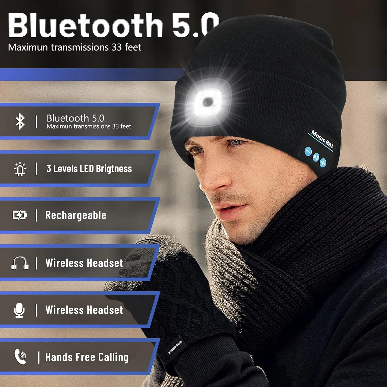 Keains Bluetooth Beanie with Light, Musical Knit Hat with Headphones and Built-in Speaker Mic, Gifts for Men Women Dad