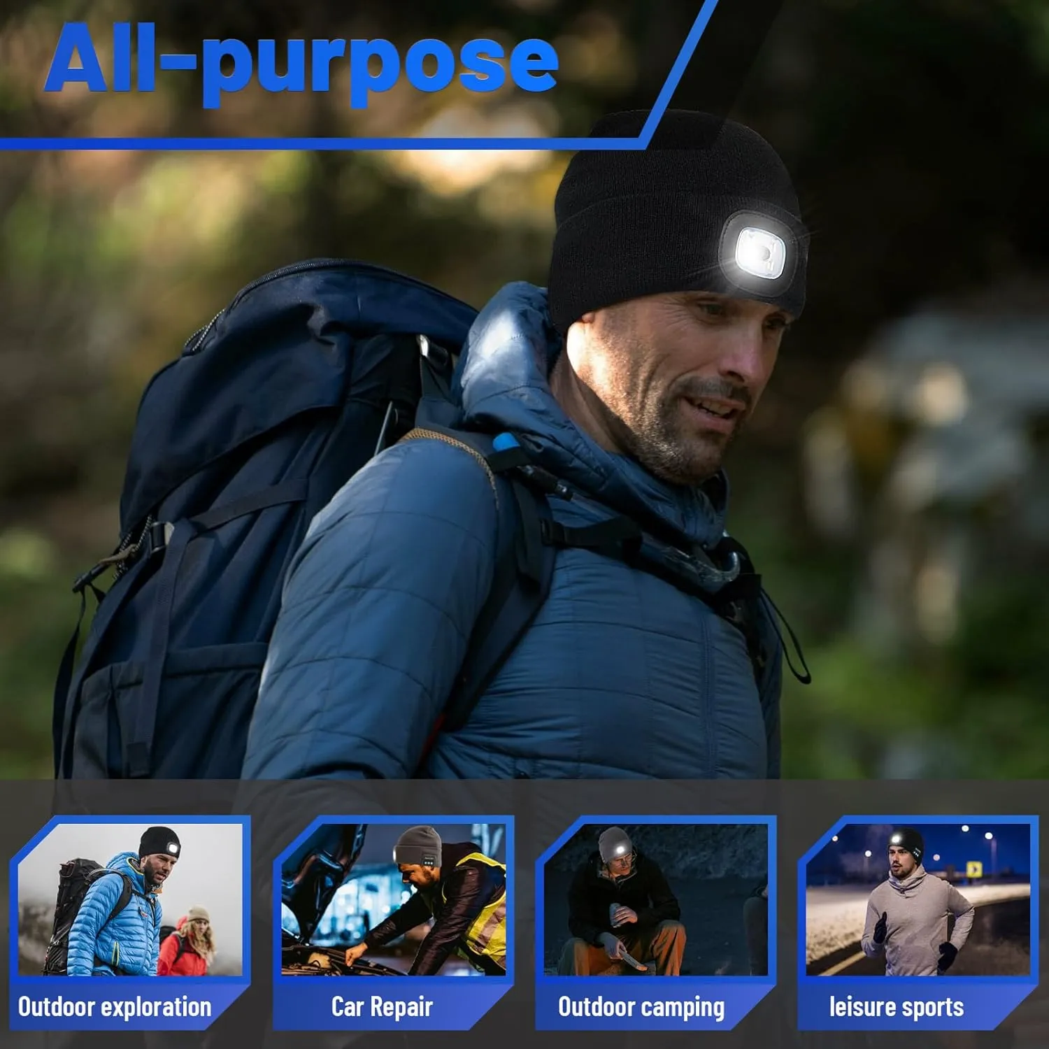 Keains Bluetooth Beanie with Light, Musical Knit Hat with Headphones and Built-in Speaker Mic, Gifts for Men Women Dad