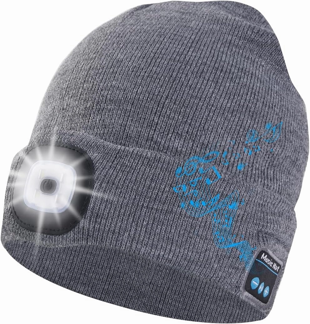 Keains Bluetooth Beanie with Light, Musical Knit Hat with Headphones and Built-in Speaker Mic, Gifts for Men Women Dad