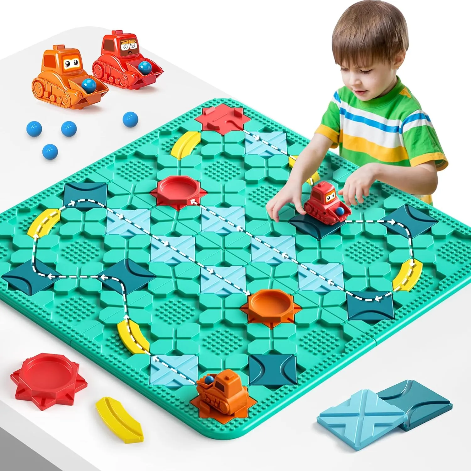 Kids Logical Road Builder Games Set with 2 Push Cars & 520 Building Blocks – Creative Railway Construction Toy for Ages 3 , STEM Learning Playset with Storage Bin