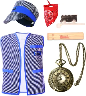 Kids Train Conductor Costume for Boys Train Engineer Vest Pocket Watch 6Pcs Set Halloween Party Cosplay 3-8Years