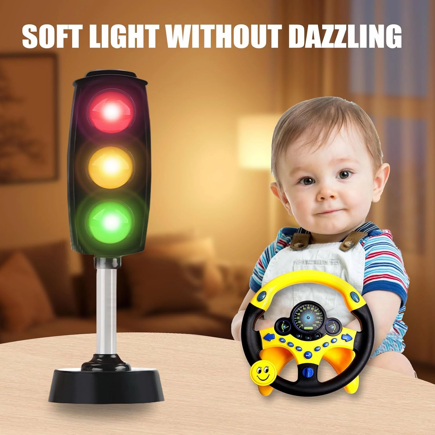 Kids Driving Toy Set with Interactive Steering Wheel and Traffic Light-Simulate Driving Car Steering Wheel Toy for Kids with Dashboard Display, Yellow and Black