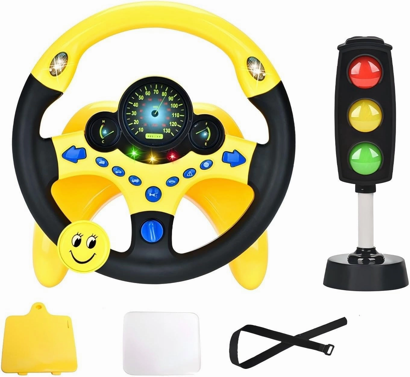 Kids Driving Toy Set with Interactive Steering Wheel and Traffic Light-Simulate Driving Car Steering Wheel Toy for Kids with Dashboard Display, Yellow and Black