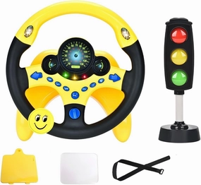 Kids Driving Toy Set with Interactive Steering Wheel and Traffic Light-Simulate Driving Car Steering Wheel Toy for Kids with Dashboard Display, Yellow and Black