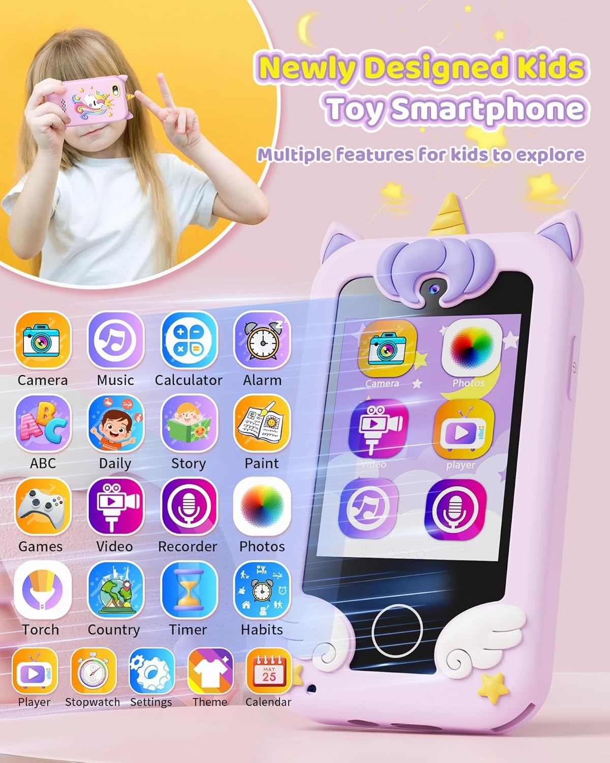 Kids Toy Smartphone, Unicorn Gifts and Toys for Girls Boys Ages 3-8 Years Old, Fake Play Toy Phone with Music Player Dual Camera Puzzle Games Touchscreen, Birthday, Kids Trip Activity