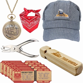 Kids Train Conductor Set (6 in 1) Wooden Train Whistle Train Pocket Watch Conductor Hat Train Tickets etc Premium Train Engineer Dress Up Kit for Cosplay Day Party Favors
